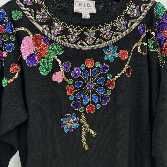 vintage 80s BEADED SEQUINS SWEATER tunic shoulder pads colorful floral 2X - Picture 5 of 8